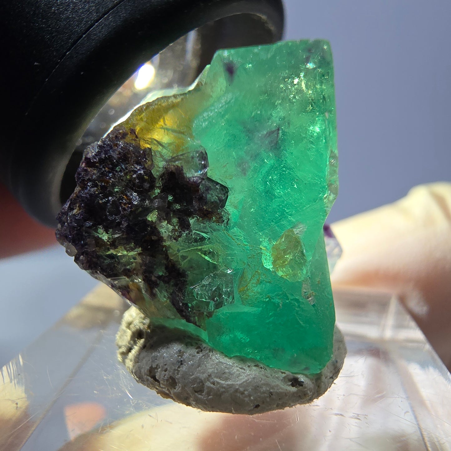 Klarer Phantom Fluorit Würfel, grün lila Okorusu, Namibia 18*16*17mm