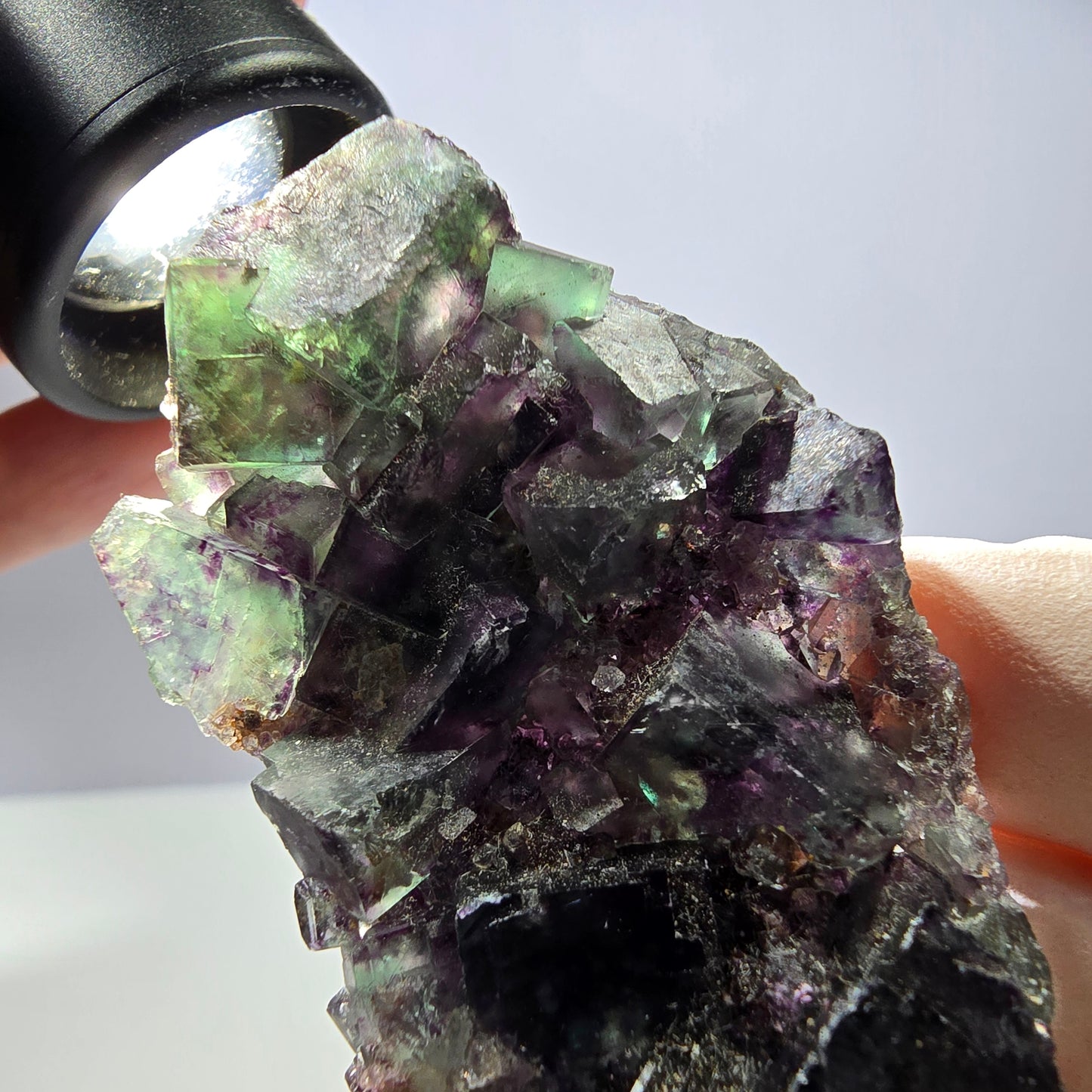 Rare spécimen de cube de fluorite fantôme, vert-violet, Okorusu, Namibie, 64 x 35 x 14 mm