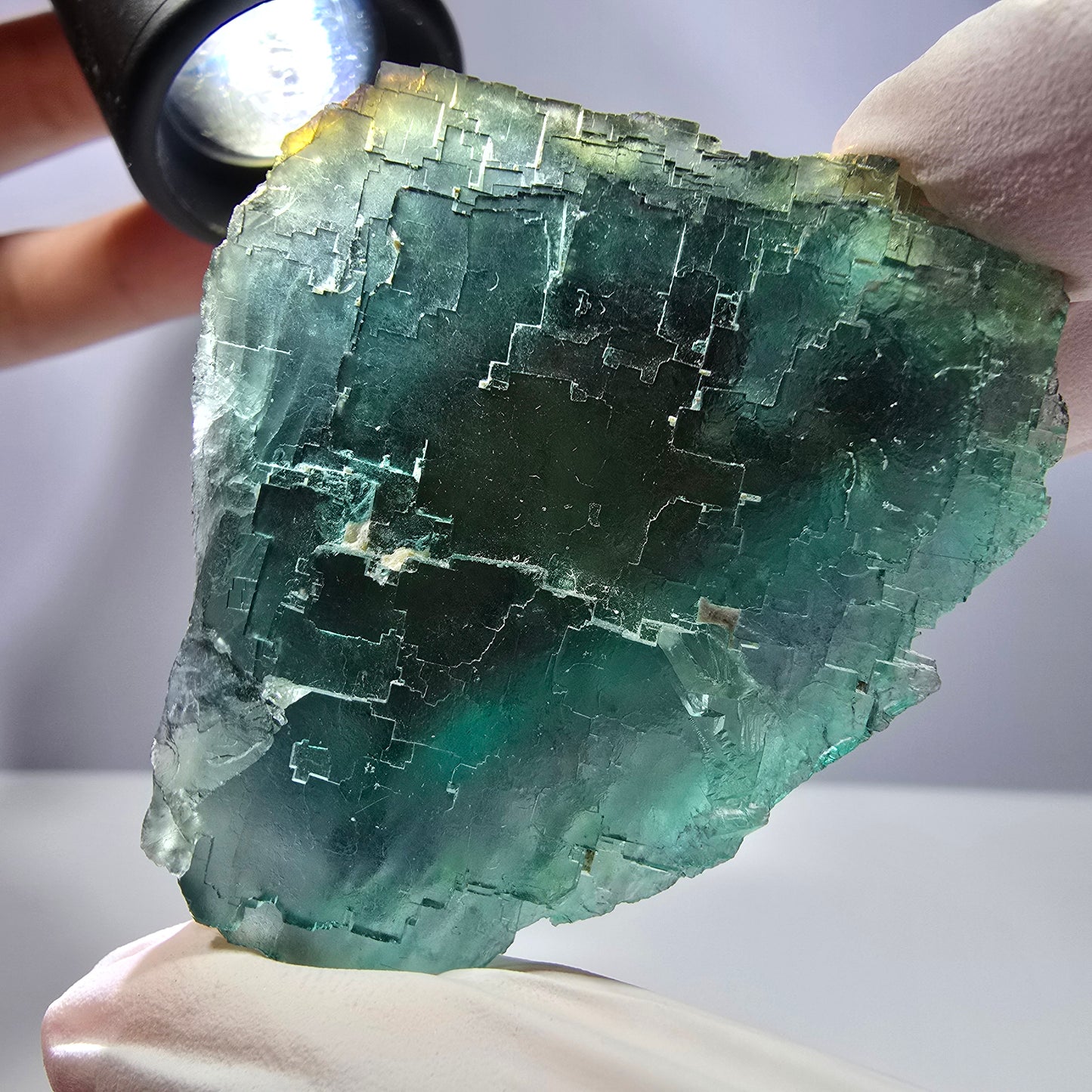 Spécimen de cube de fluorite fantôme transparente, vert parqueté, Okorusu, Namibie, 58 x 46 x 23 mm