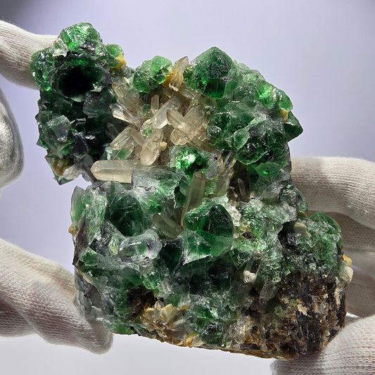 Fluorite fantôme XL, muscovite, hyalite, quartz fumé, tourmaline Schörl, Erongo, Namibie, 134 x 100 x 77 mm