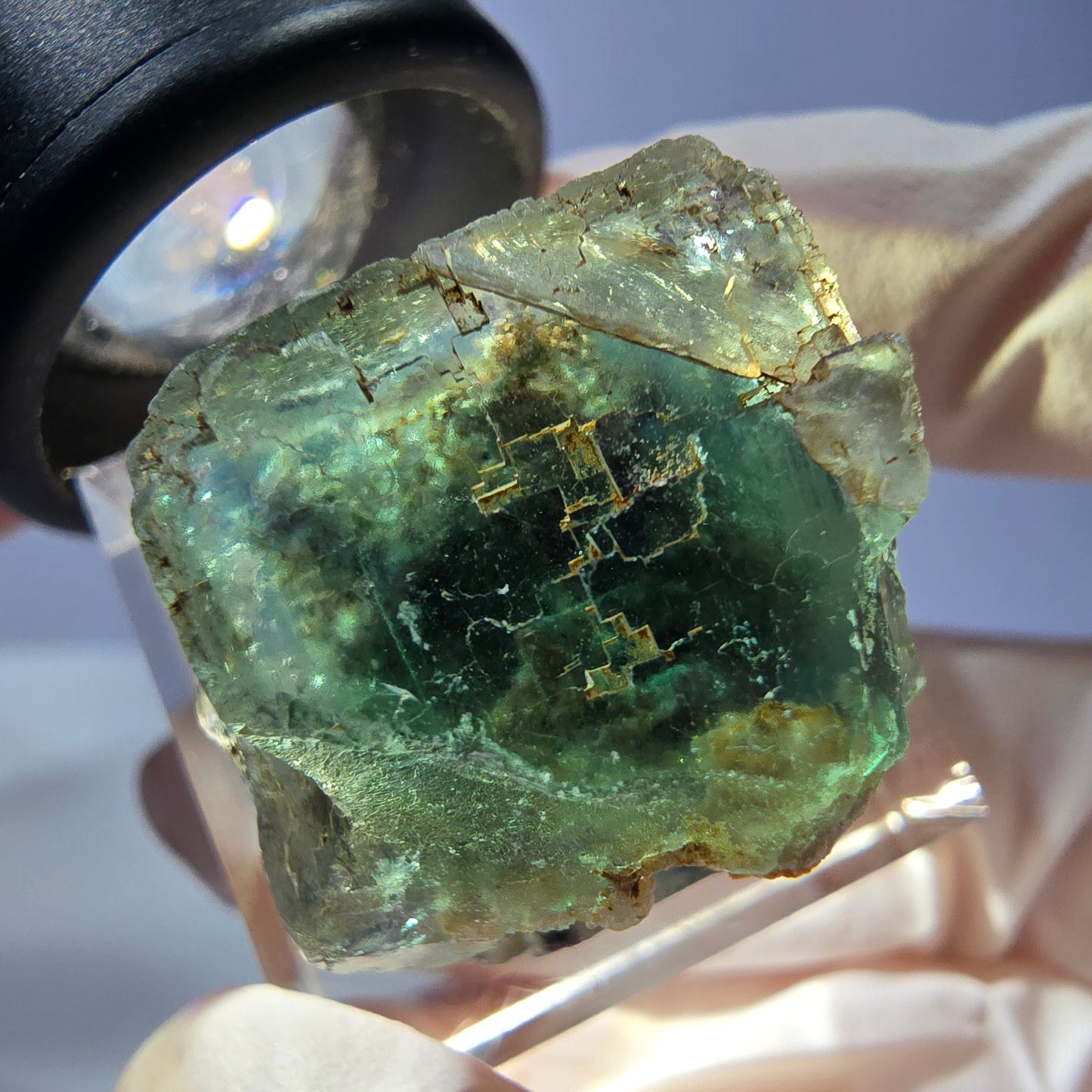 Cube de fluorite fantôme transparente parquetée, vert Okorusu, Namibie 21 x 19 x 19 mm