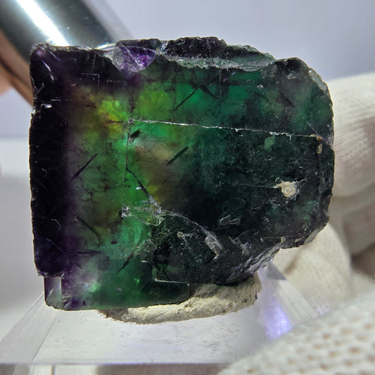 Spécimen zonal de cube de fluorite fantôme, vert violet, Okorusu, Namibie, 31 x 27 x 20 mm
