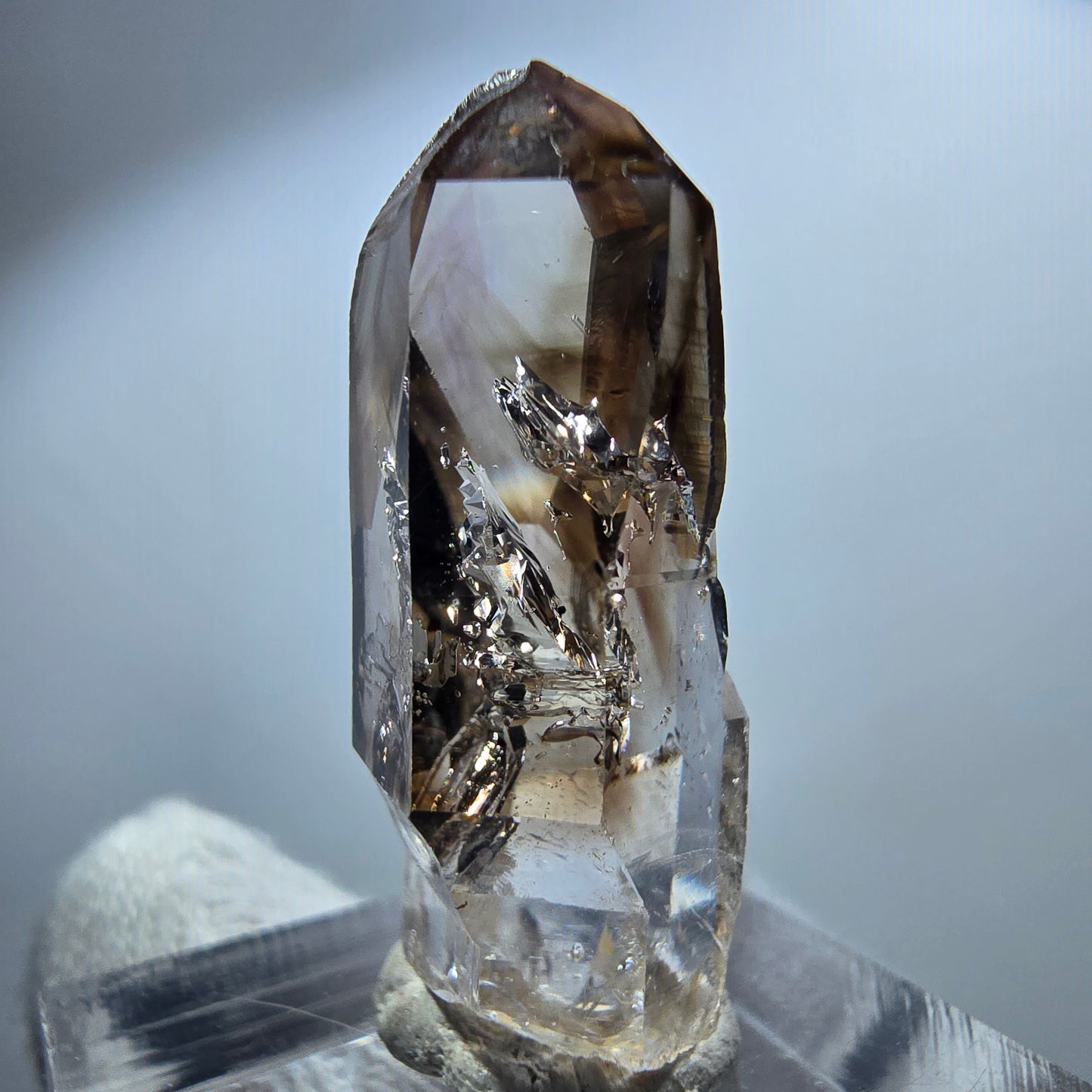 Pointe de sceptre en quartz fumé fantôme transparent, Goboboseb, Namibie, 32 x 15 x 11 mm
