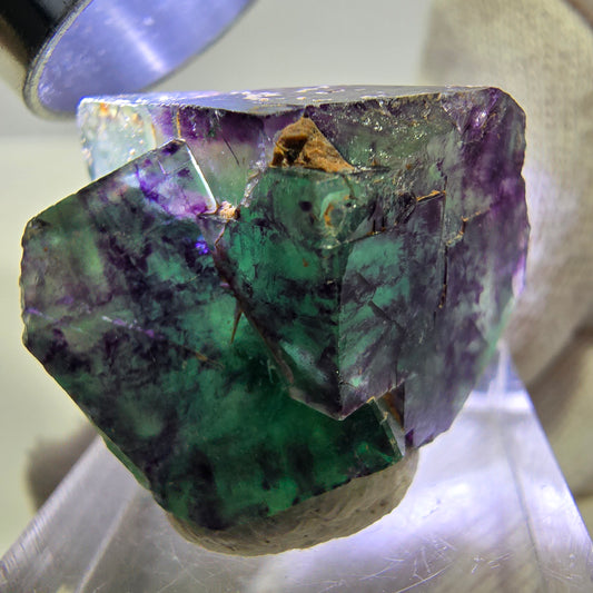 Spécimen rare de cube de fluorite fantôme, vert zonal et violet, Okorusu, Namibie, 30 x 21 x 17 mm