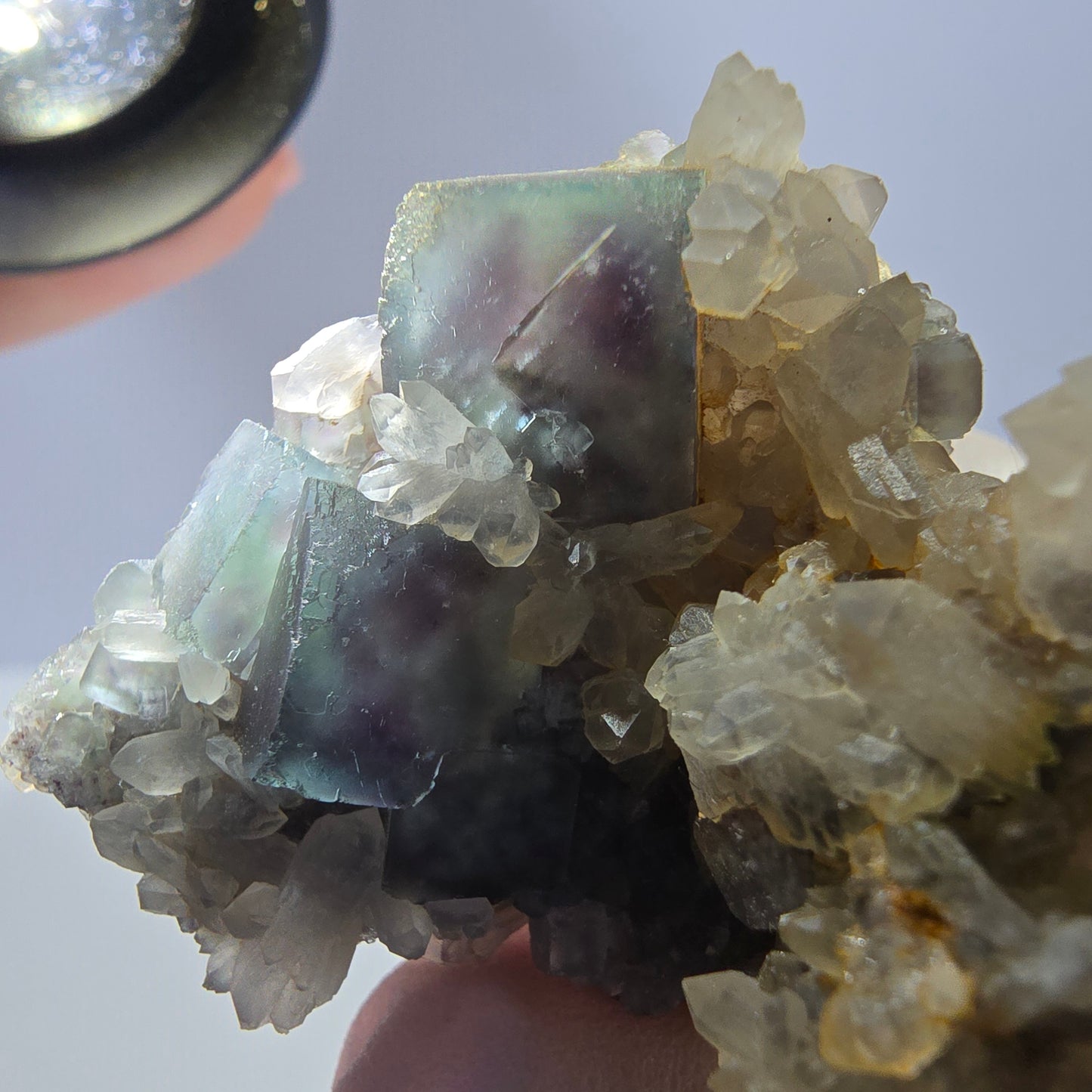 Rare cube de fluorite fantôme, spécimen de quartz vert violet Okorusu Namibie 46 x 33 x 30 mm