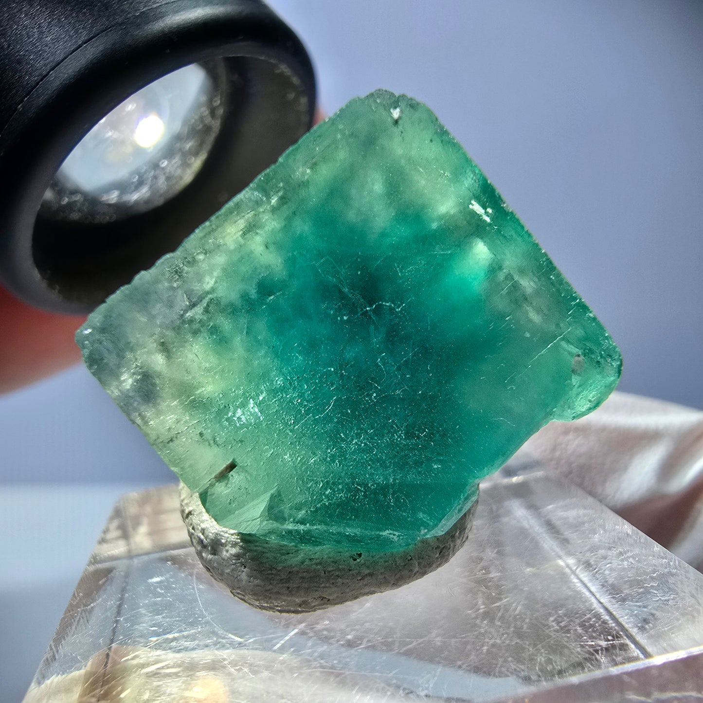 Cube de fluorite fantôme transparente parquetée, vert Okorusu, Namibie 18 x 18 x 17 mm
