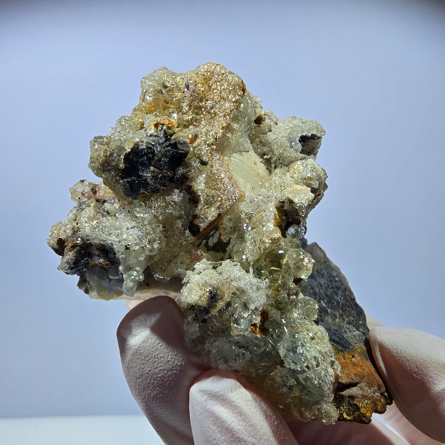 Hyalit Opal, Rauchquarz, Schörl Turmalin, Orthoklas Erongo, Namibia 71*58*45mm