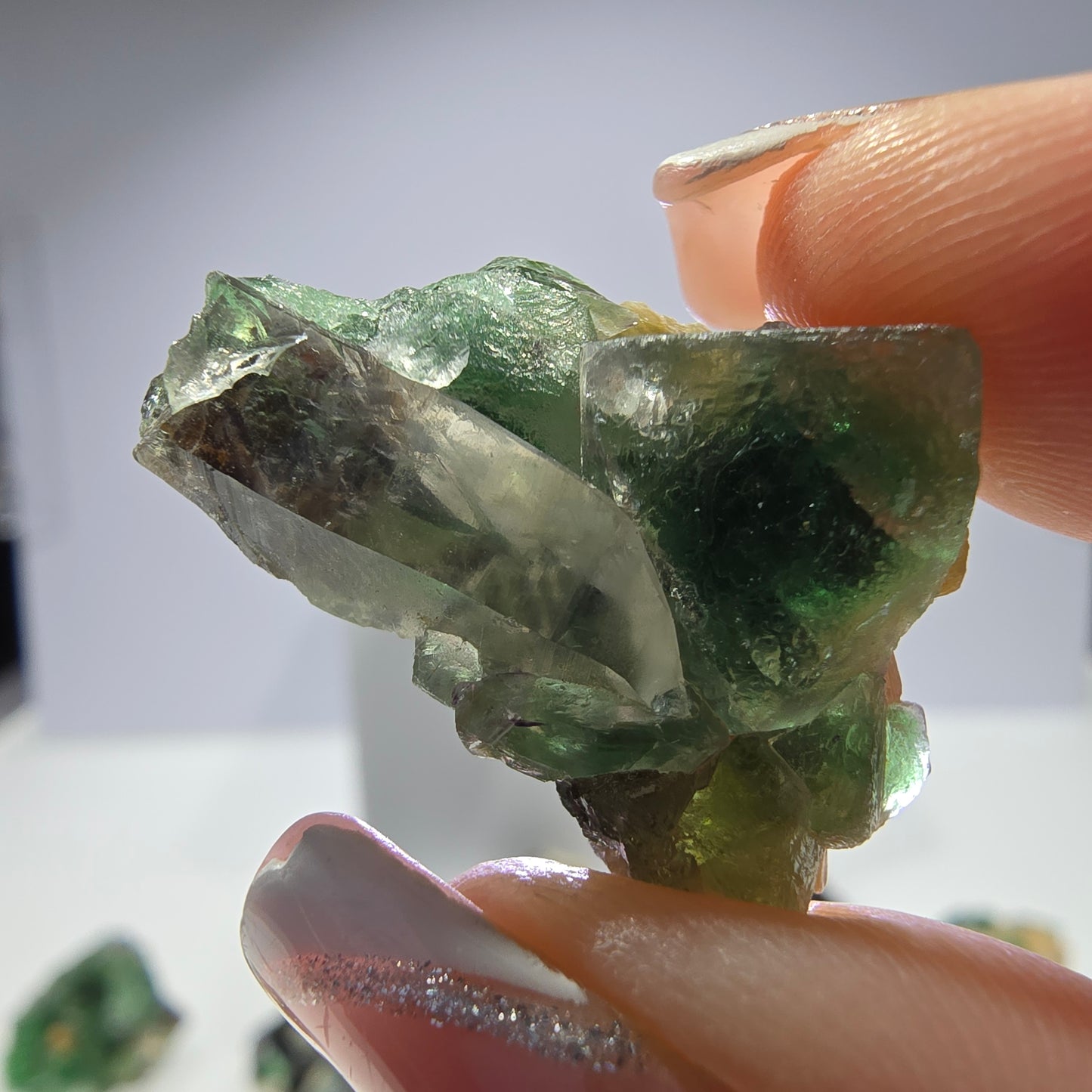Lot de 16 fluorites fantômes, hyalites, tourmalines Schörl, muscovites, Erongo, Namibie