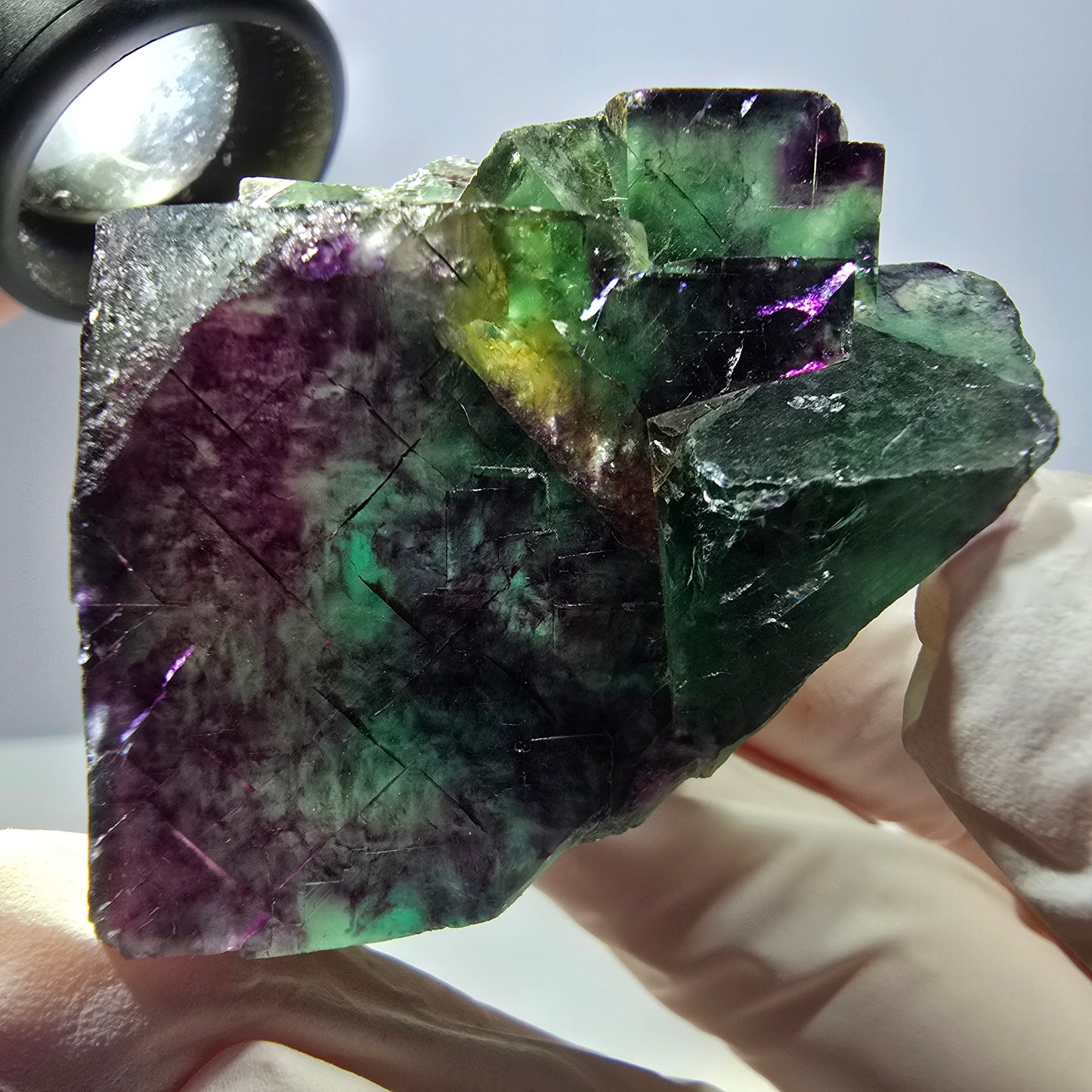 Spécimen de cube de fluorite fantôme parqueté vert violet Okorusu, Namibie 46*38*32mm