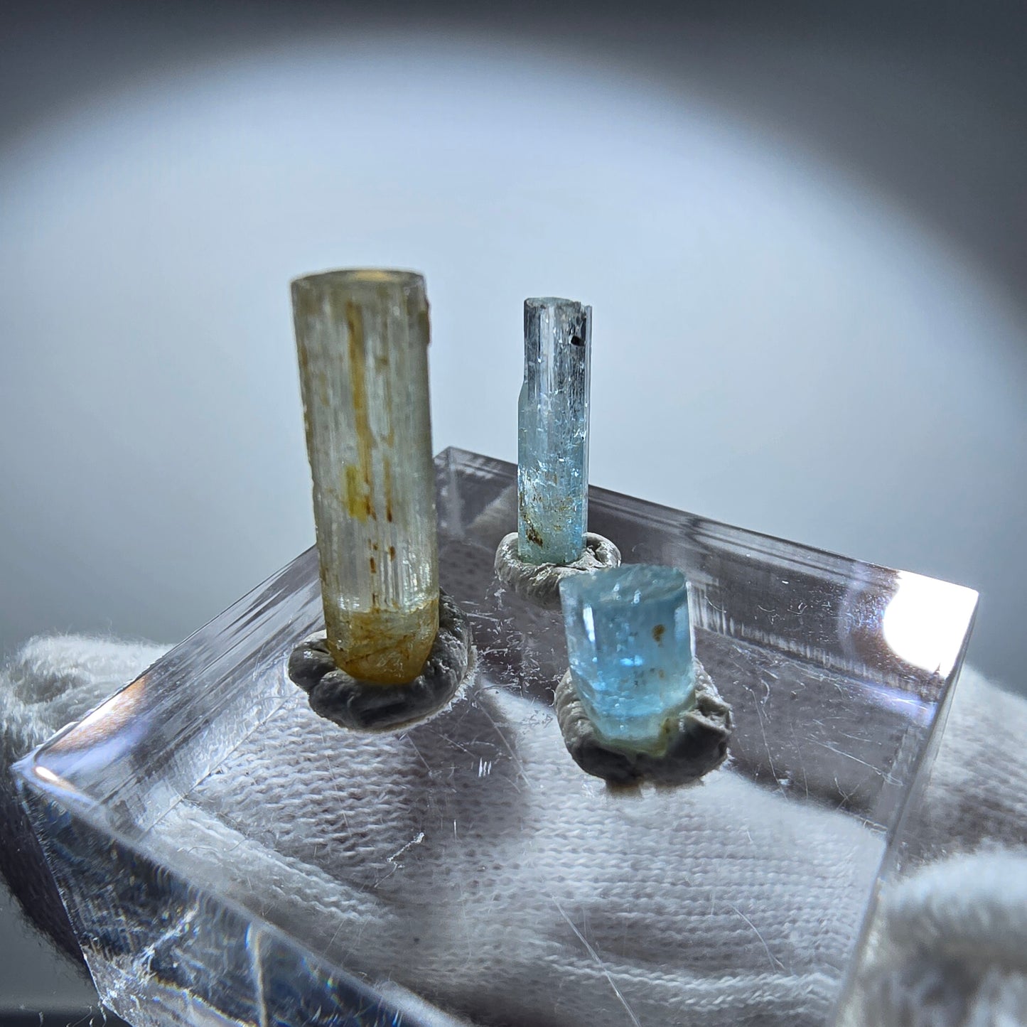 3x Aquamarin Kristalle, blau - 3er Set Erongo, Namibia 6-16mm