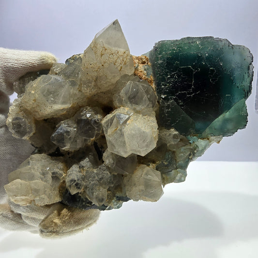 Grand spécimen de quartz parqueté en cube de fluorite fantôme Okorusu Namibie 134 x 89 x 44 mm