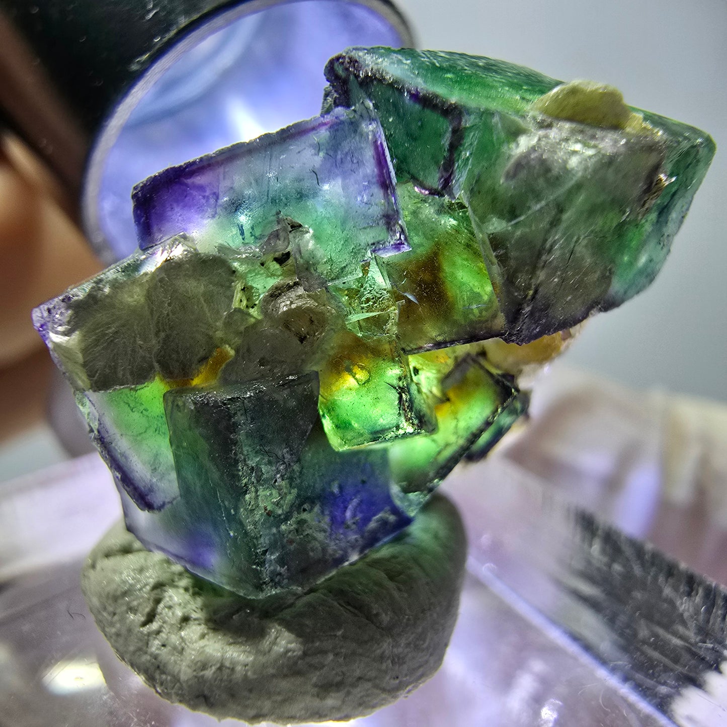 Cube de fluorite fantôme, zonal, spécimen de muscovite, Erongo, Namibie, 24 x 14 x 13 mm