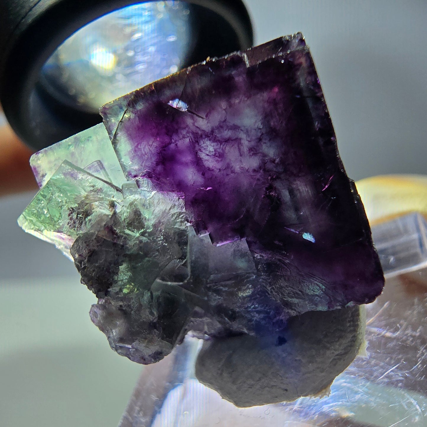 Rare cube de fluorite fantôme parqueté vert violet Okorusu Namibie 23*21*14mm