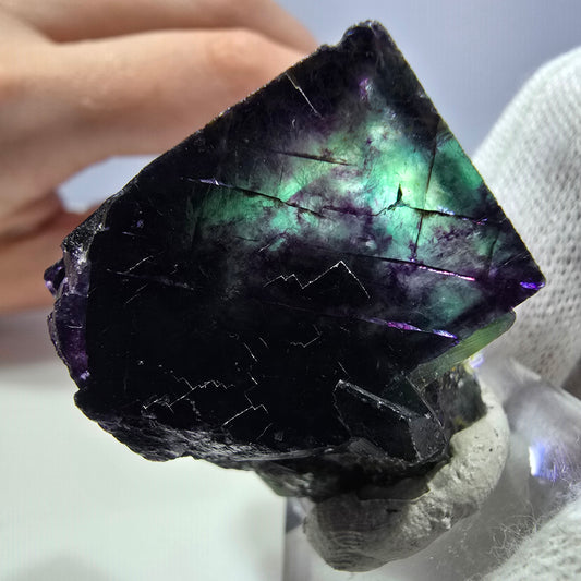 Spécimen de cube de fluorite fantôme transparente, vert-violet zonal, Okorusu, Namibie, 46 x 31 x 33 mm