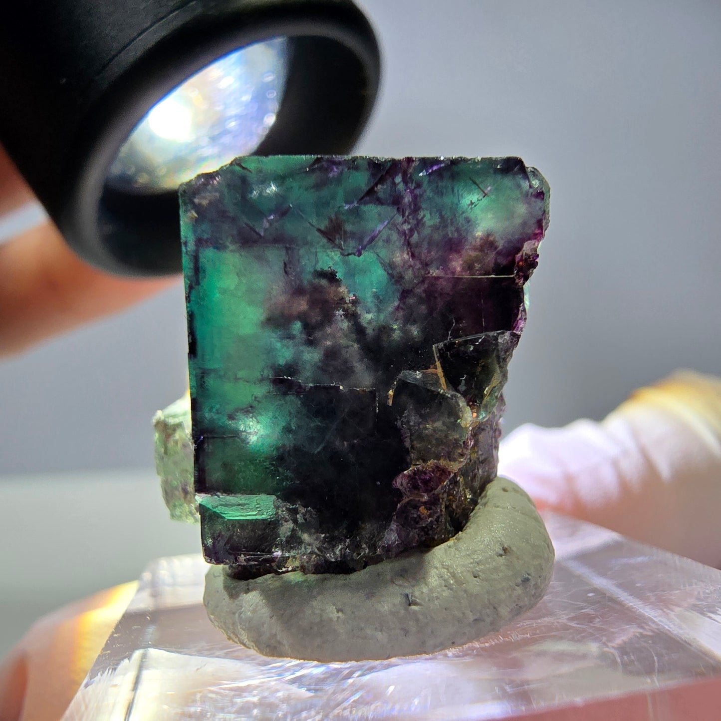 Rare cube de fluorite fantôme parqueté vert violet Okorusu Namibie 25*19*16mm
