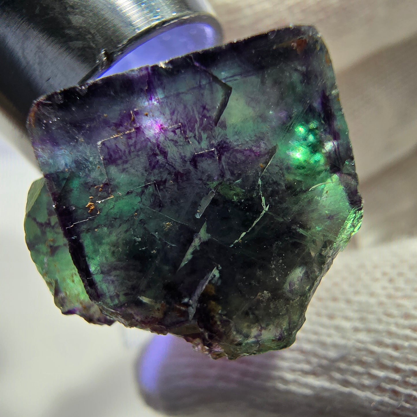 Spécimen zonal de cube de fluorite fantôme, vert violet, Okorusu, Namibie, 30 x 26 x 17 mm