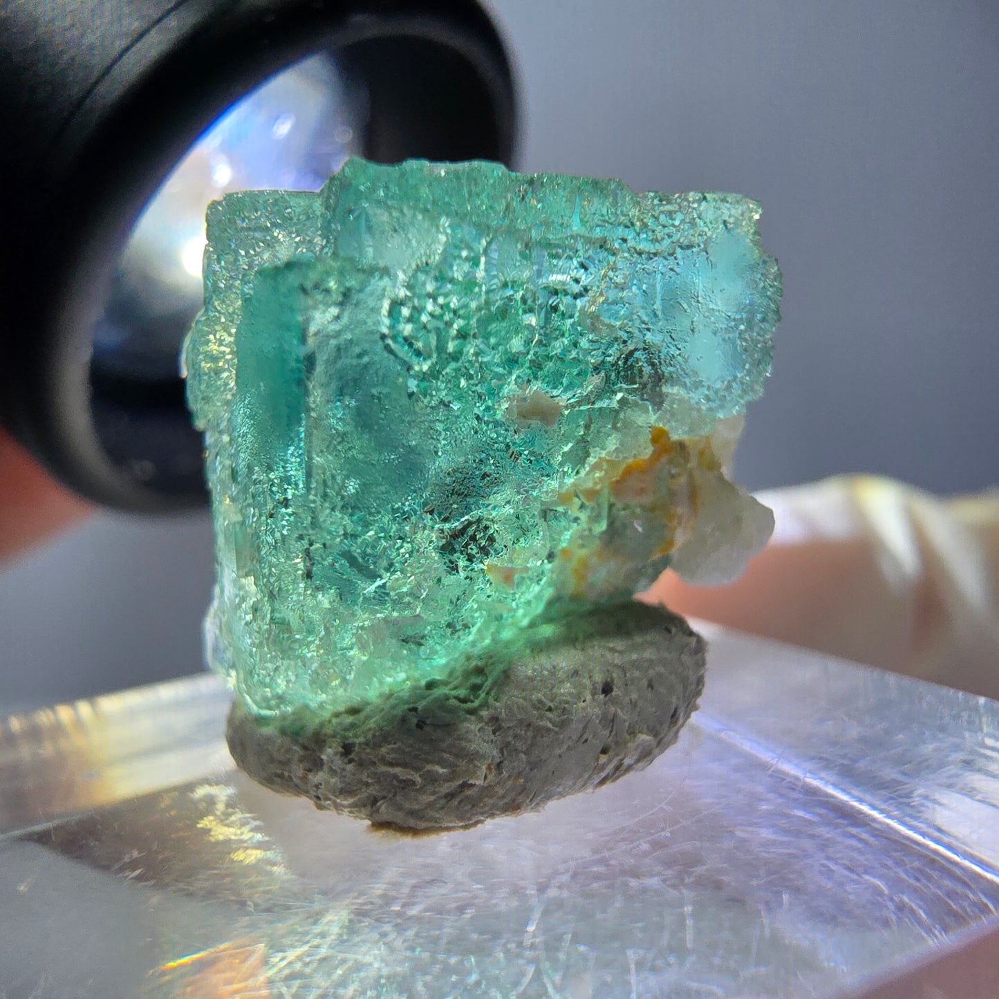 Klarer Phantom Fluorit Würfel parkettiert, grün Okorusu, Namibia 15*14*14mm