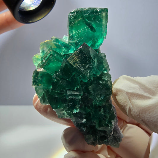 Seltene Phantom Fluorit Würfel Stufe parkettiert grün Okorusu Namibia 62*32*26mm
