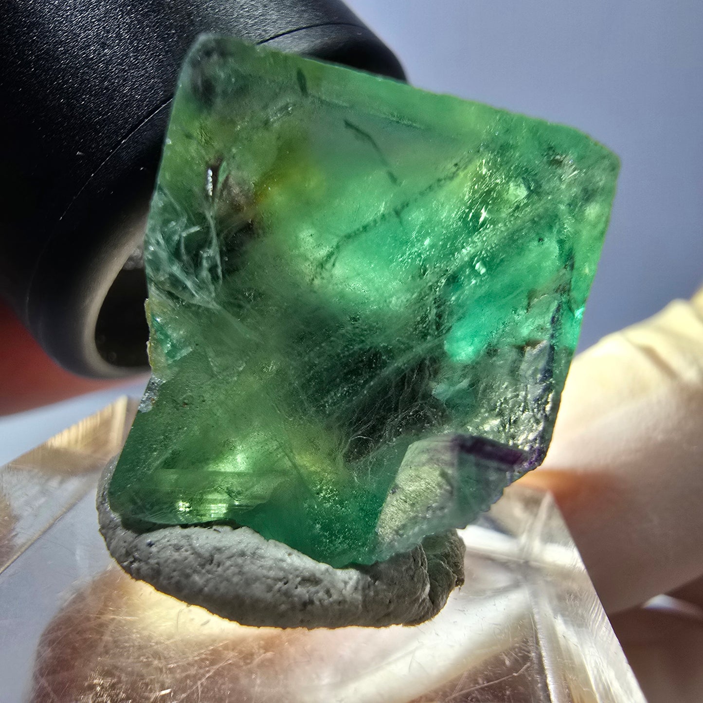 Klarer Phantom Fluorit Würfel, grün lila Okorusu, Namibia 18*16*17mm