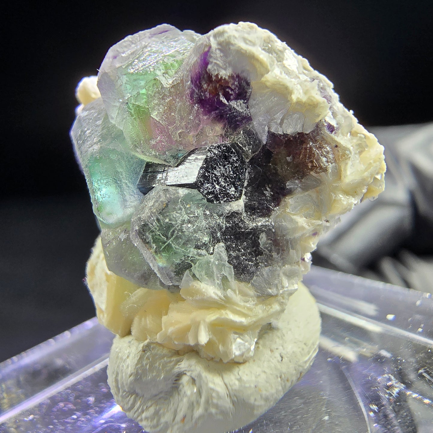 Phantom Fluorit, Schörl Turmalin, Muskovit Stufe 20*19*16mm aus Erongo, Namibia