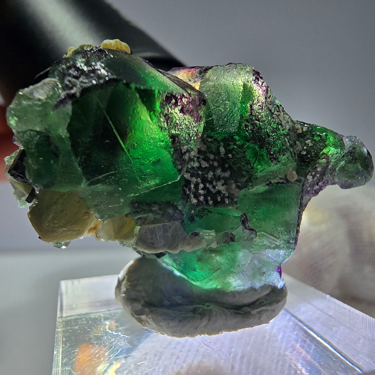 Cube de fluorite fantôme zonal, tourmaline muscovite Schorl Erongo Namibie 36 x 22 x 19 mm