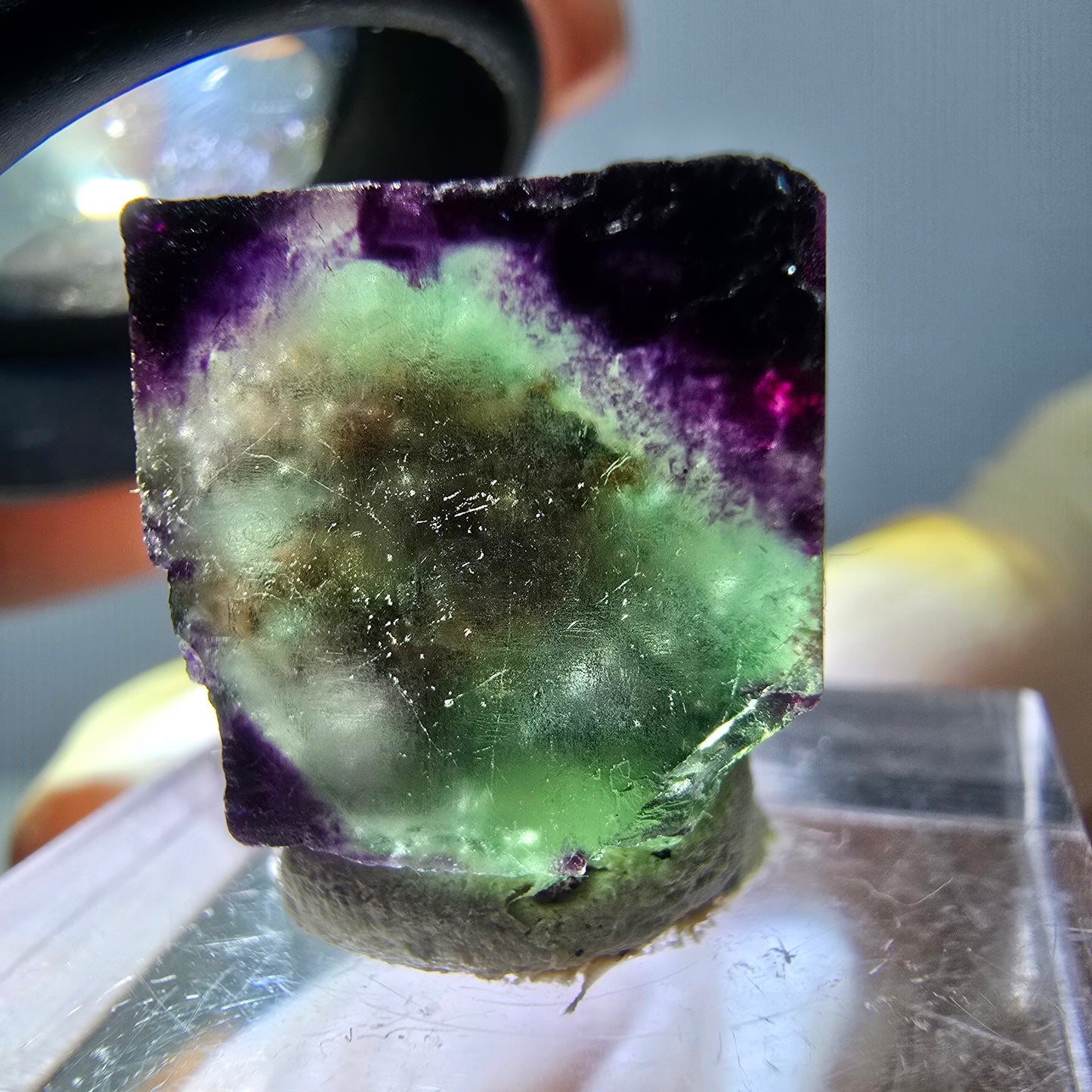 Cube de fluorite fantôme parqueté, zonal, vert violet Okorusu, Namibie 15*15*10mm