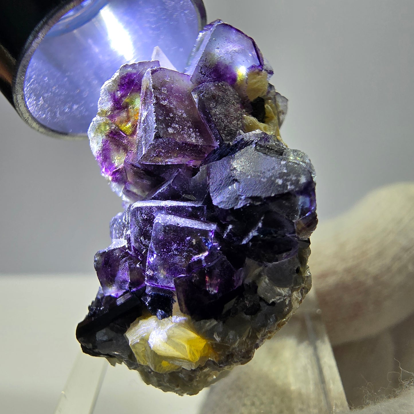 Spécimen de fluorite fantôme colorée, tourmaline schol, muscovite, quartz fumé, Erongo, Namibie, 35 x 25 x 20 mm