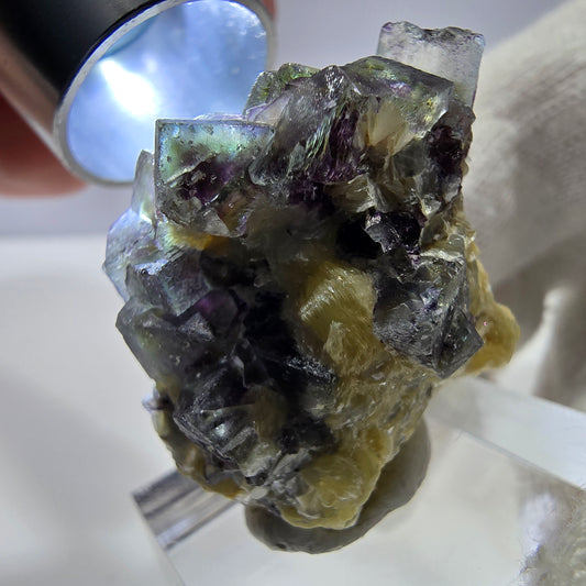 Spécimen de fluorite fantôme colorée, tourmaline scholle, muscovite, Erongo, Namibie, 33 x 29 x 23 mm