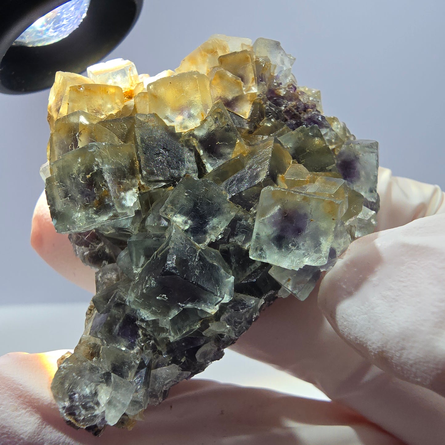 Spécimen de cube de fluorite fantôme transparente, vert-violet, Okorusu, Namibie, 54 x 41 x 22 mm