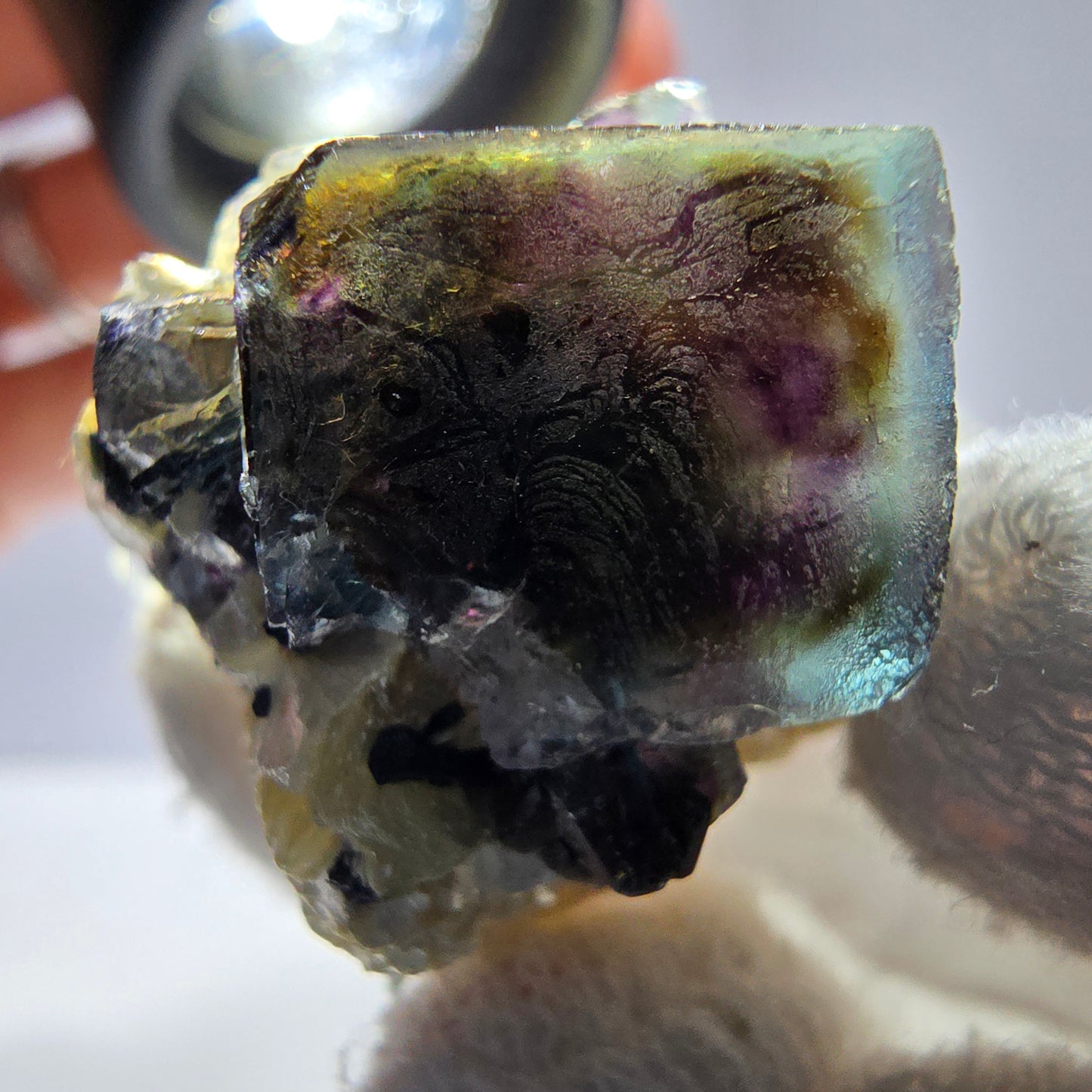 Fluorite fantôme colorée, tourmaline schol, muscovite, hyalite, Erongo, Namibie, 30 x 25 x 25 mm