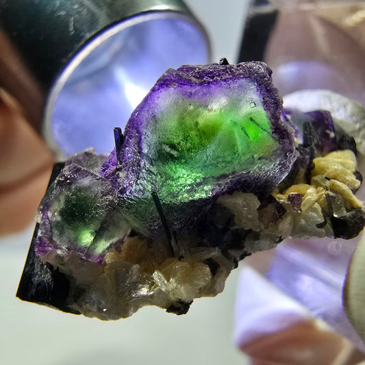 Cube de fluorite fantôme, zonal, muscovite, spécimen de tourmaline Schorl, Erongo, Namibie, 26 x 17 x 12 mm