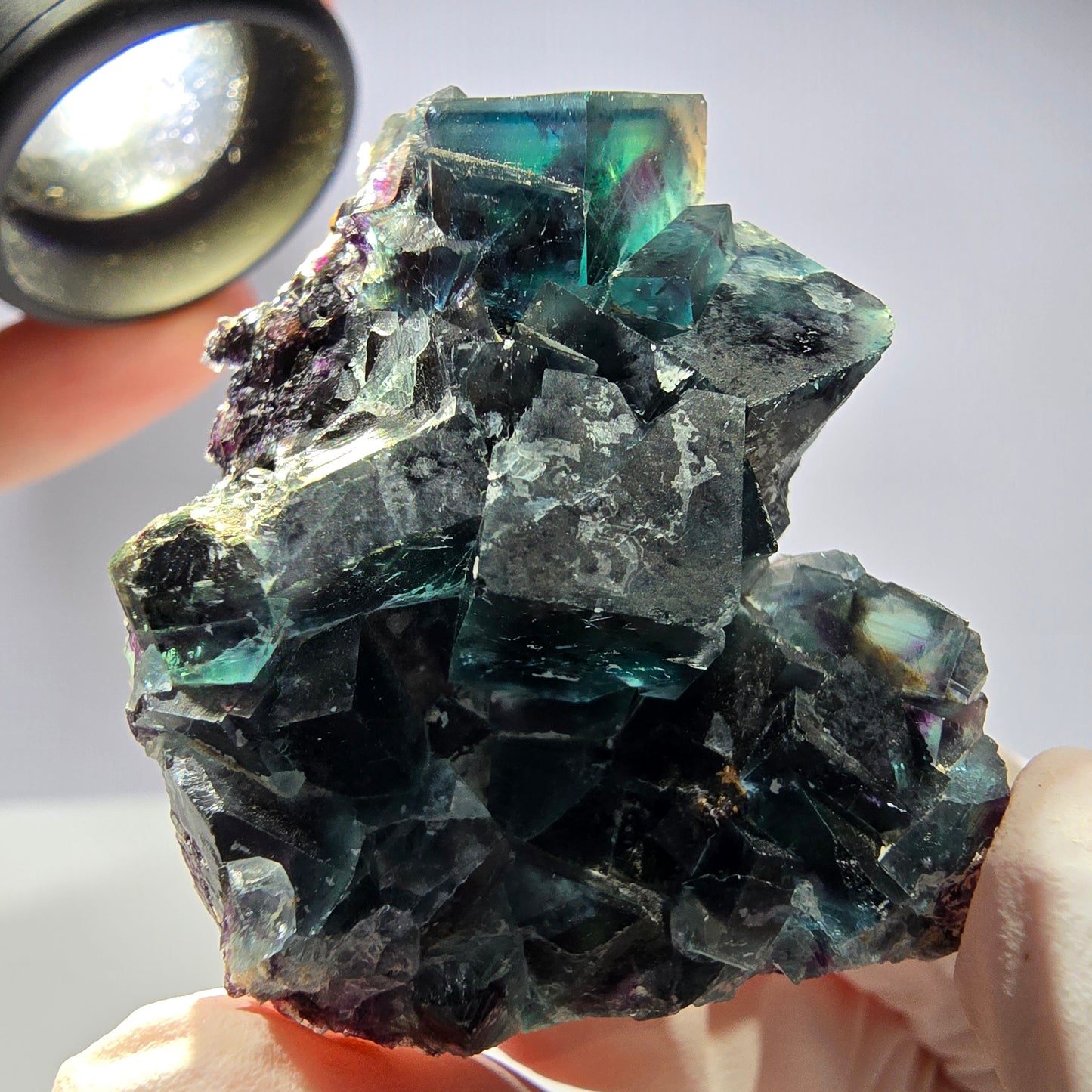 Rare spécimen de cube de fluorite fantôme, vert-violet, Okorusu, Namibie, 45 x 33 x 21 mm