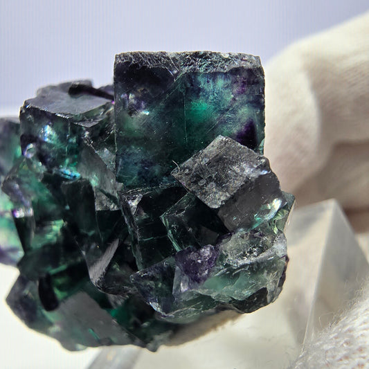 Spécimen de cube de fluorite fantôme transparente, vert-violet zonal, Okorusu, Namibie, 40 x 31 x 28 mm