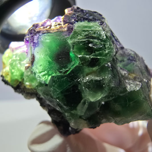 Cube de fluorite fantôme, zonal, muscovite, spécimen de tourmaline Schorl, Erongo, Namibie, 43 x 30 x 28 mm