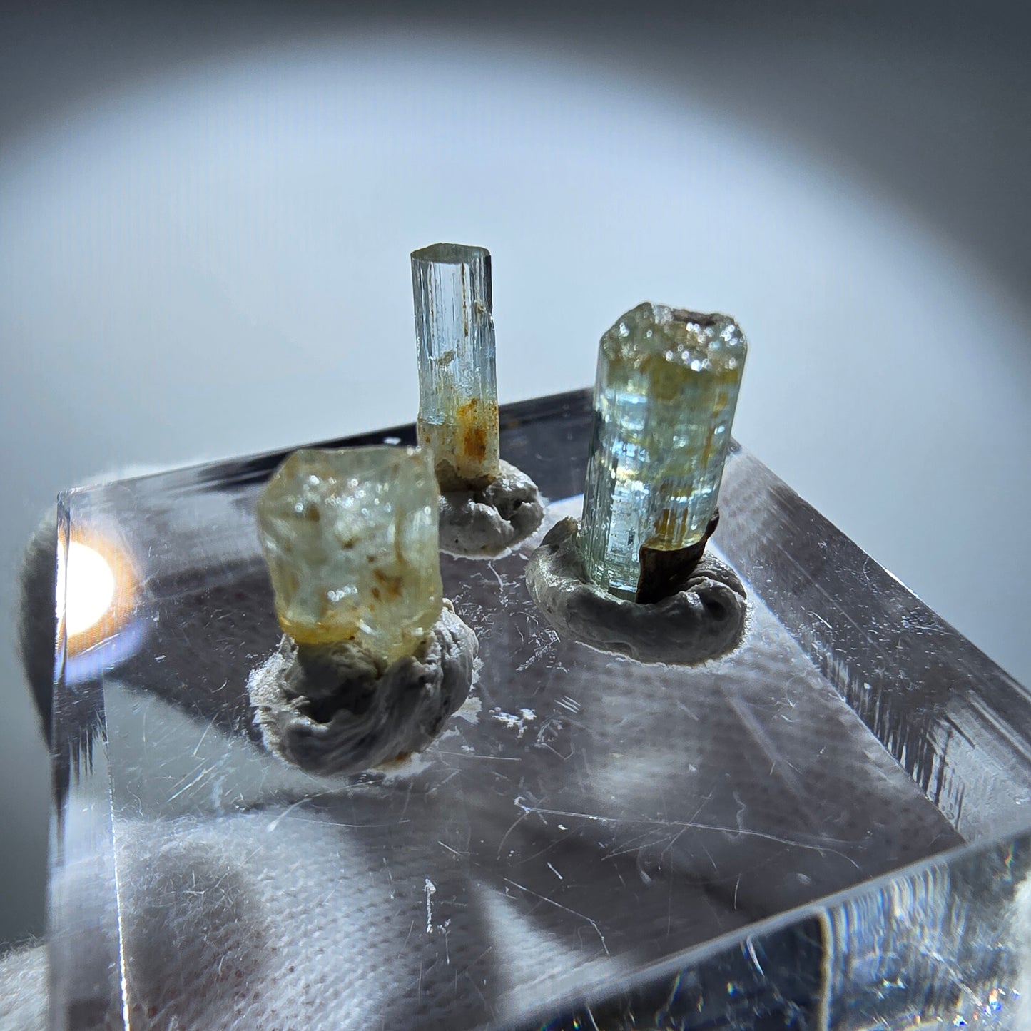 3x Aquamarin Kristalle, blau - 3er Set Erongo, Namibia 6-10mm