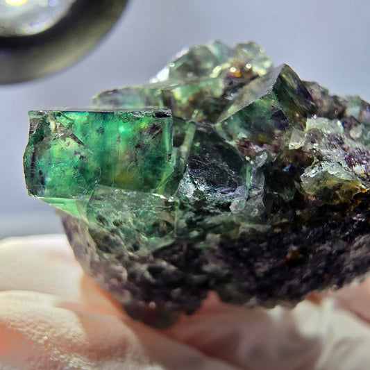 Phantom Fluorit Würfel Stufe parkettiert grün lila Okorusu, Namibia 50*34*31mm