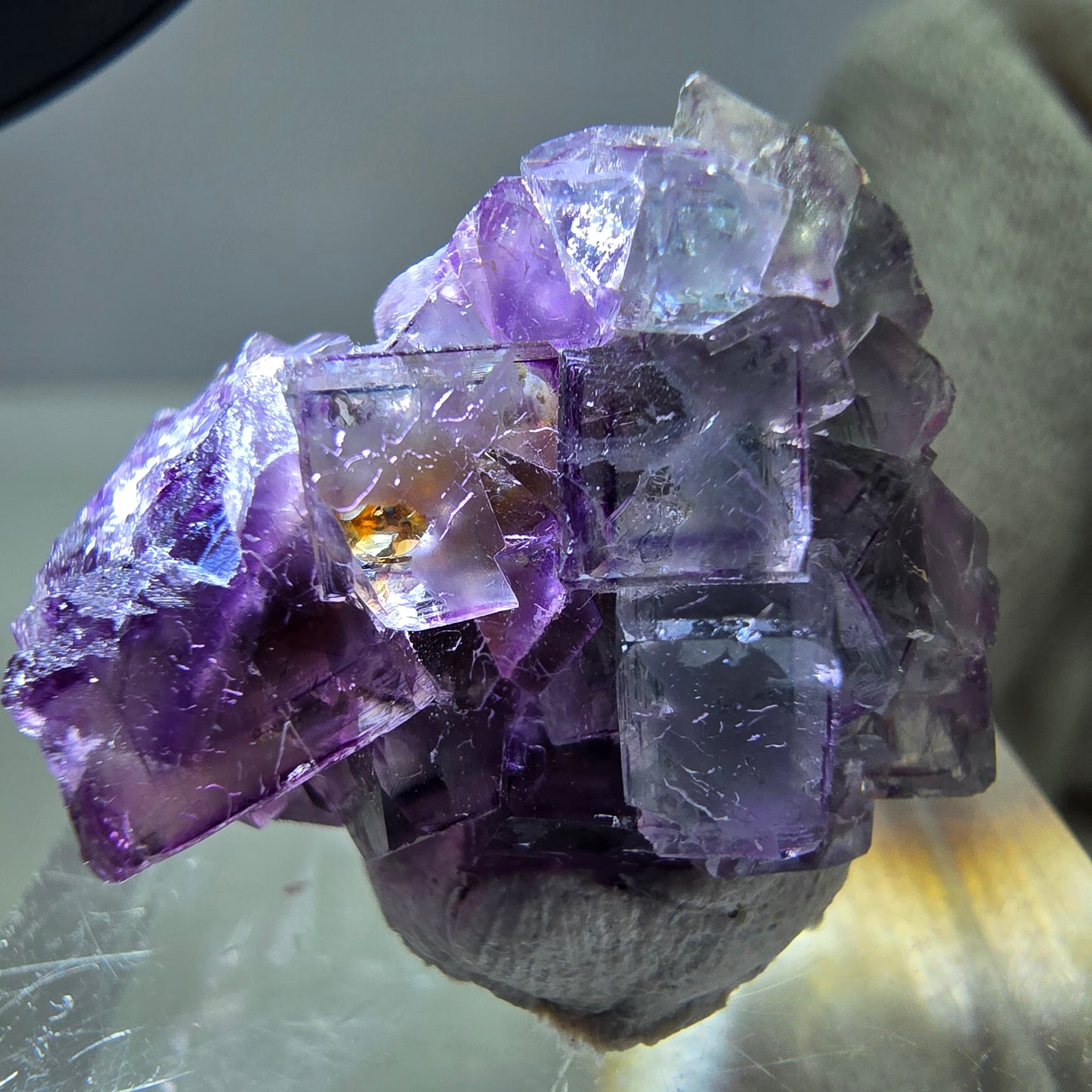 Spécimen zonal de cube de fluorite fantôme, vert violet, Okorusu, Namibie, 24 x 17 x 14 mm
