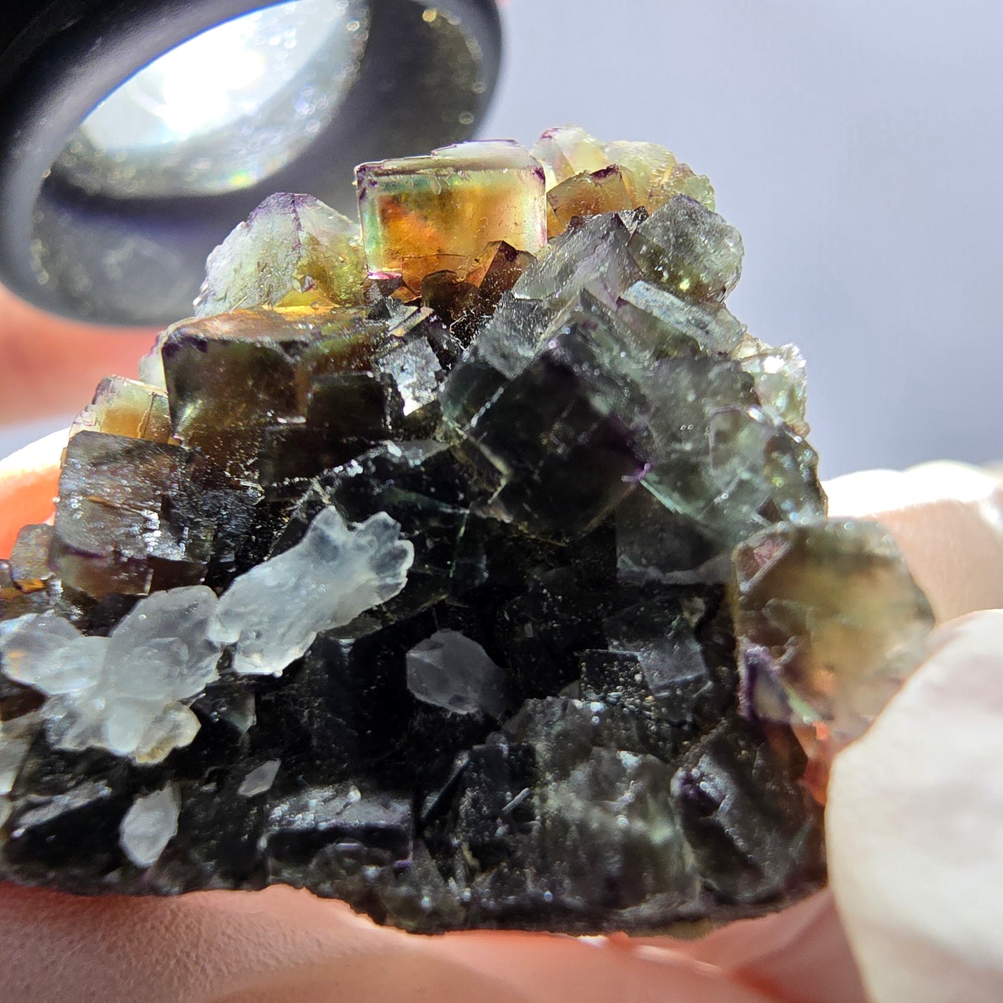 Rare cube de fluorite fantôme, spécimen de quartz vert violet Okorusu Namibie 29 x 26 x 12 mm