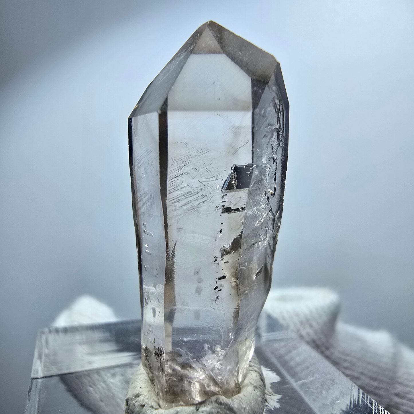 Pointe de sceptre en quartz fumé fantôme transparent, Goboboseb, Namibie, 33 x 11 x 13 mm