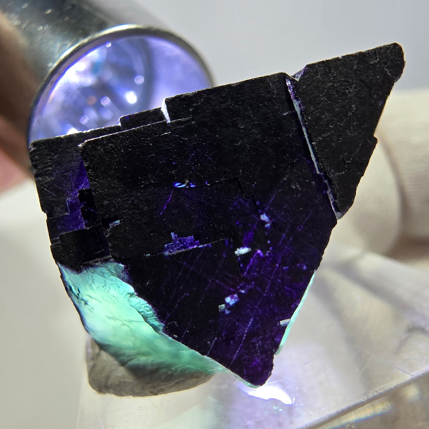 Fluorite cube, parquetted green purple 11:11 Angel Pocket, Okorusu Mine Namibia 30*24*15mm