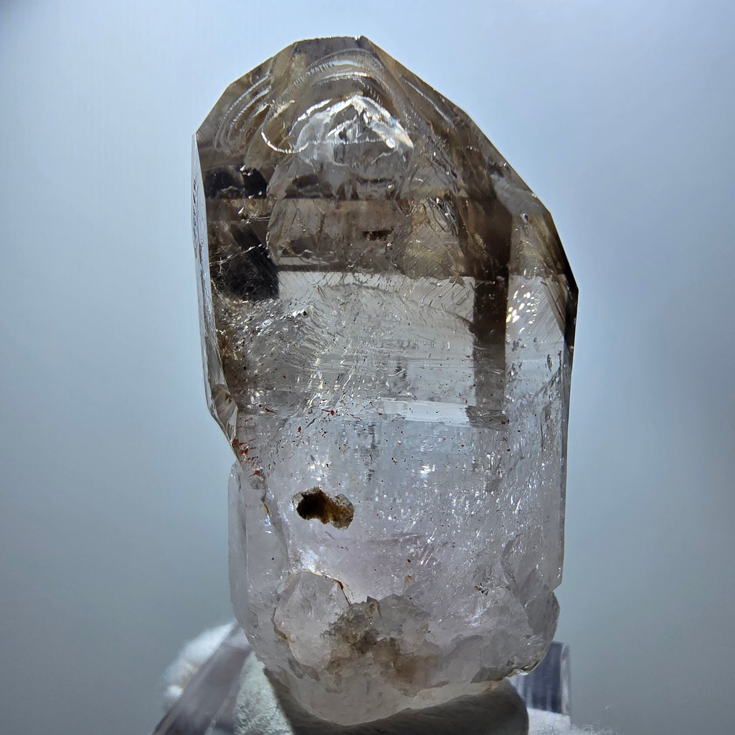 Quartz fumé fantôme transparent, pointe de sceptre, Goboboseb, Namibie, 45 x 23 x 18 mm