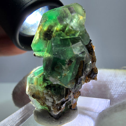 Fluorite fantôme hexagonale, tourmaline Schörl, quartz fumé, hyalite, Erongo, Namibie, 33 x 22 x 23 mm