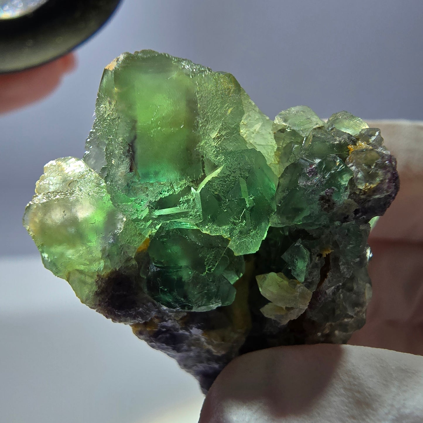 Rare cube de fluorite fantôme, spécimen de quartz vert violet Okorusu Namibie 47 x 28 x 25 mm