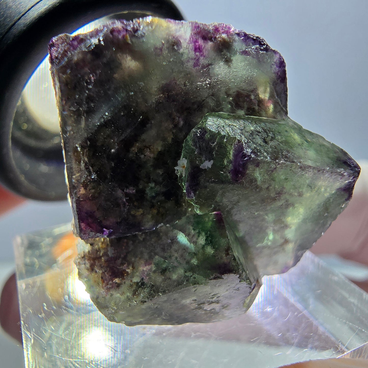 Spécimen de cube de fluorite fantôme, vert violet, Okorusu, Namibie, 24 x 20 x 20 mm