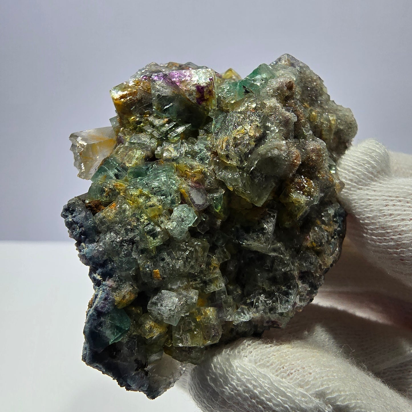 Phantom Fluorit Würfel zonal, Rauchquarz Stufe Erongo, Namibia 67*49*29mm