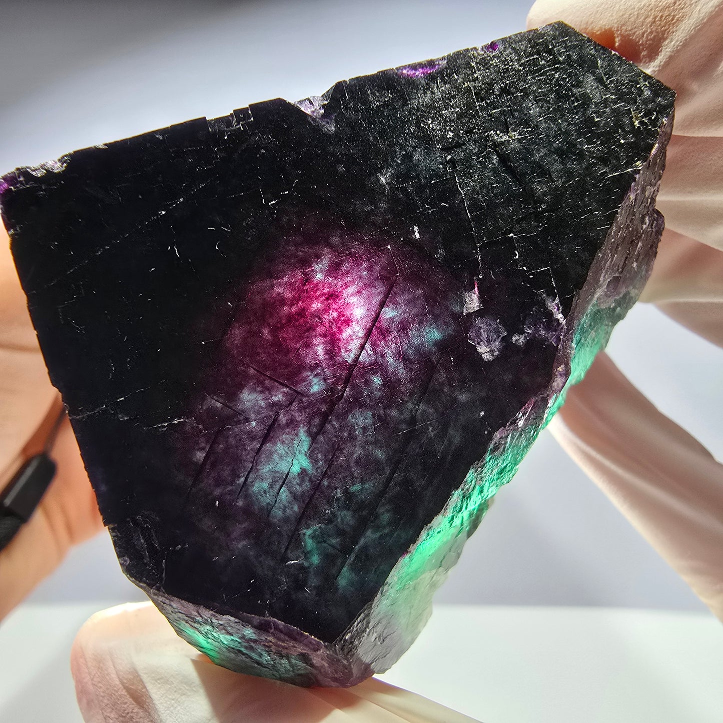 Cube de fluorite fantôme XL parqueté vert violet Okorusu, Namibie 54*54*47mm
