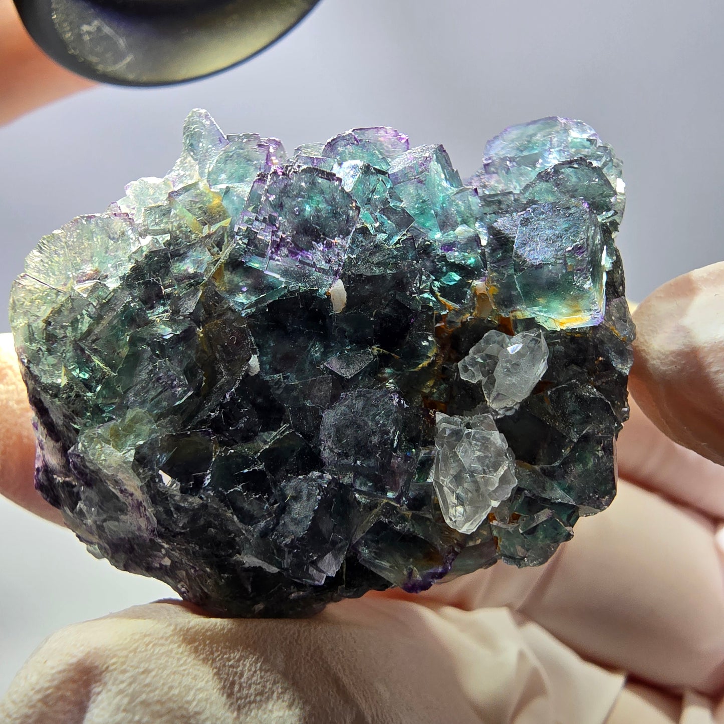 Rare cube de fluorite fantôme, spécimen de quartz vert violet Okorusu Namibie 43*33*26mm