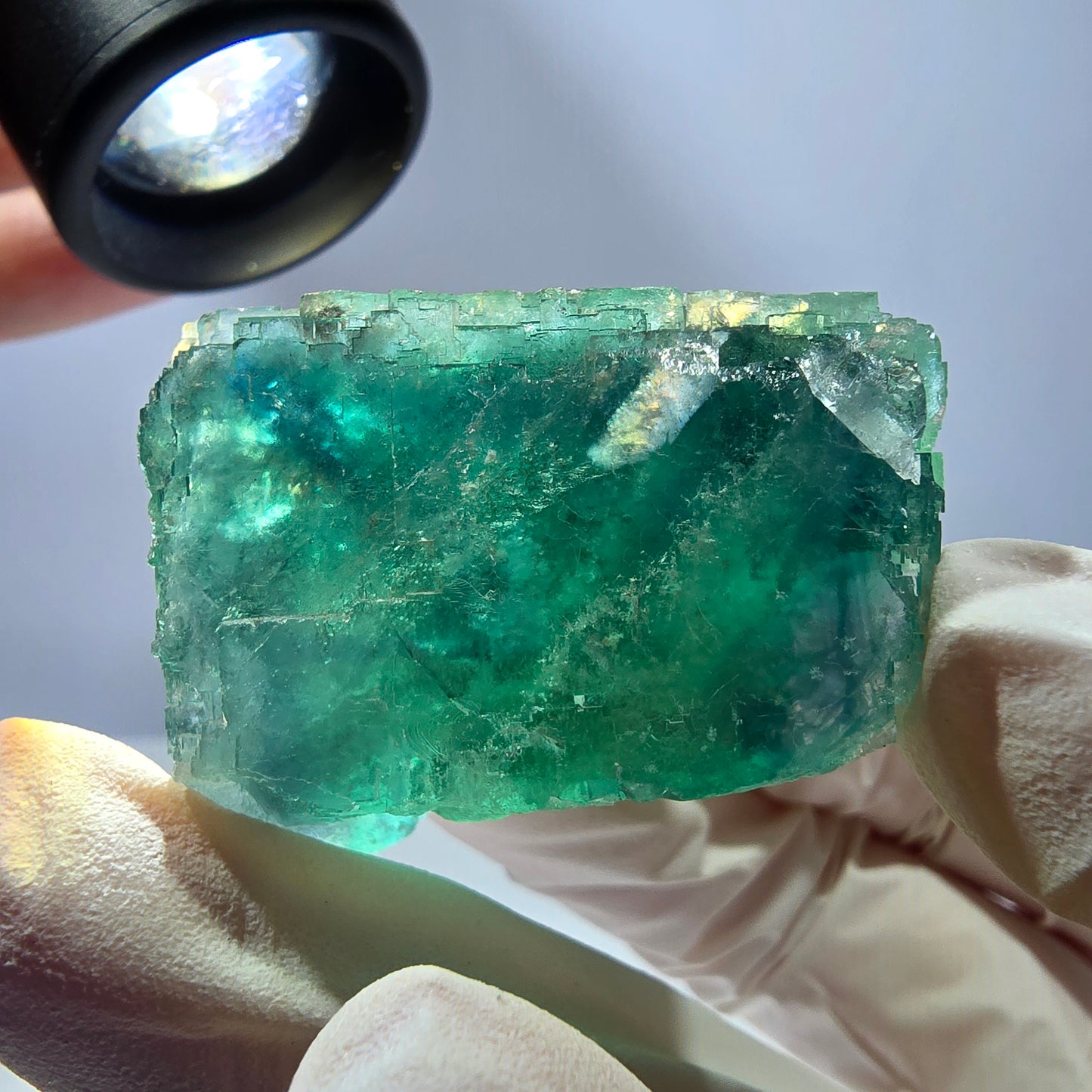 Spécimen de cube de fluorite fantôme transparente, vert parqueté, Okorusu, Namibie, 44 x 37 x 27 mm