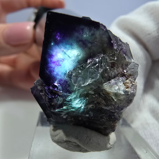 Spécimen rare de cube de fluorite fantôme, vert zonal et violet, Okorusu, Namibie, 29 x 23 x 20 mm