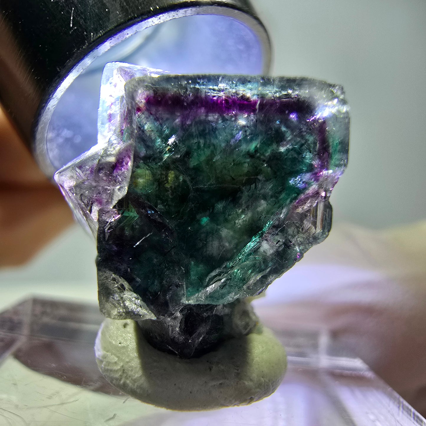 Spécimen de cube de fluorite fantôme, vert violet, Okorusu, Namibie, 18 x 14 x 12 mm